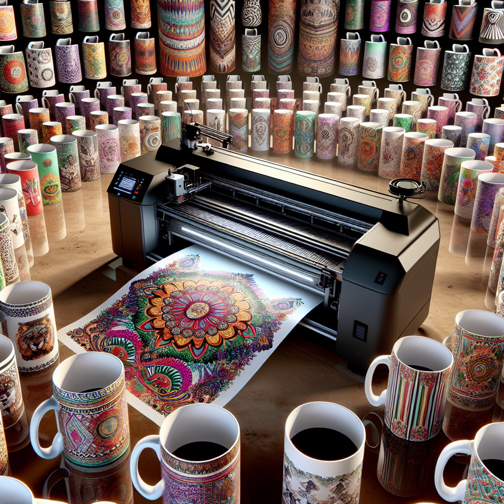 A realistic image of a sublimation printer with several printed mugs around it.