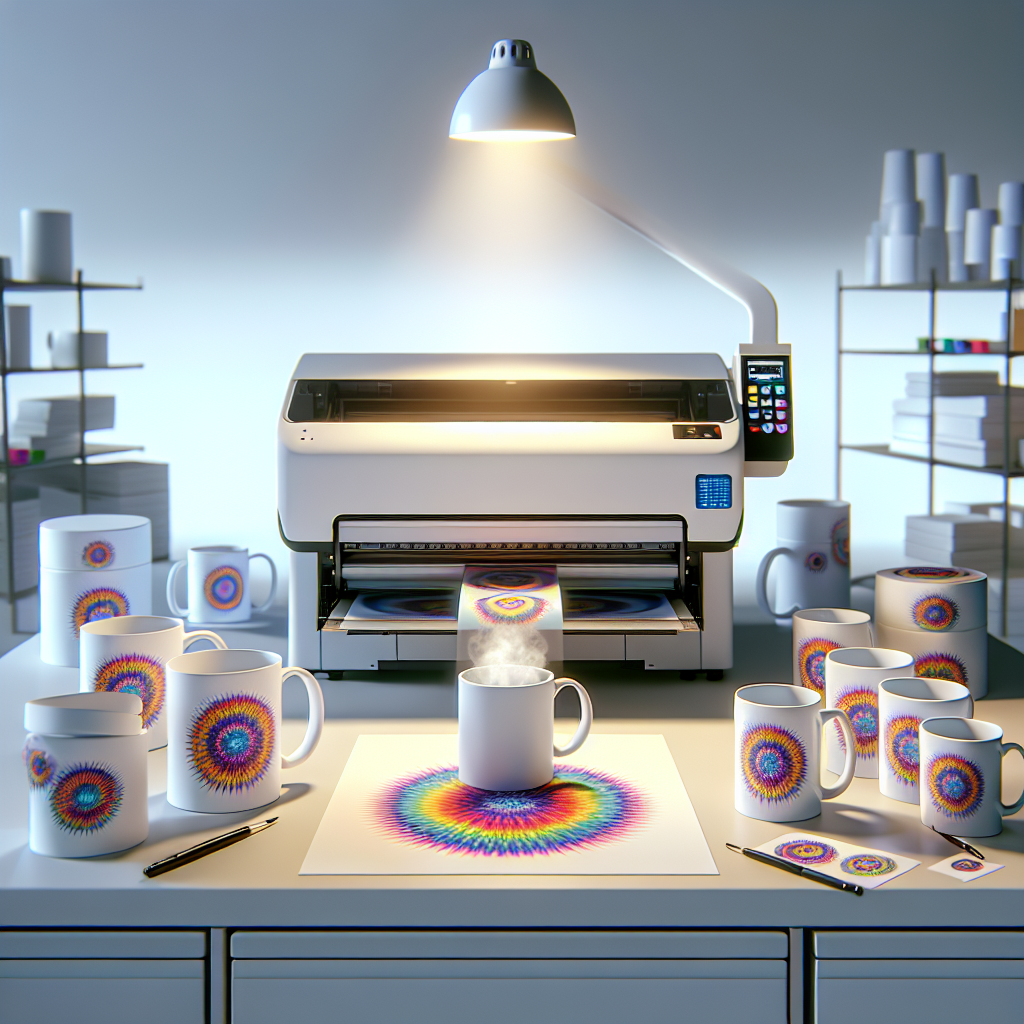 A realistic image of a sublimation printer printing colorful designs on white ceramic mugs.