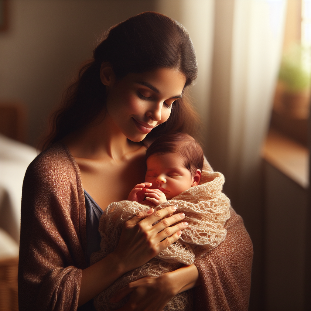 A realistic image of a mother holding her newborn baby, showcasing a tender and loving moment.