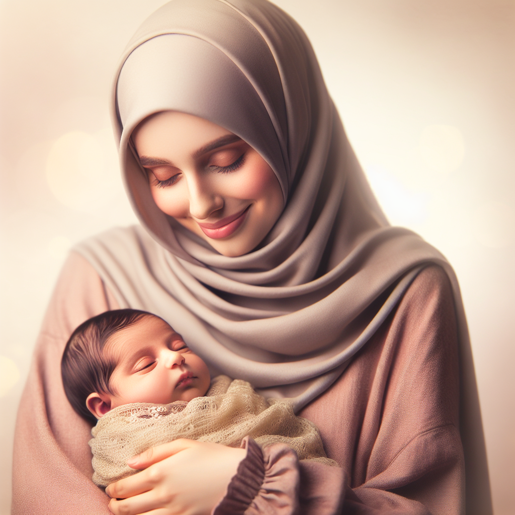 A realistic image of a mother lovingly cradling her newborn baby.