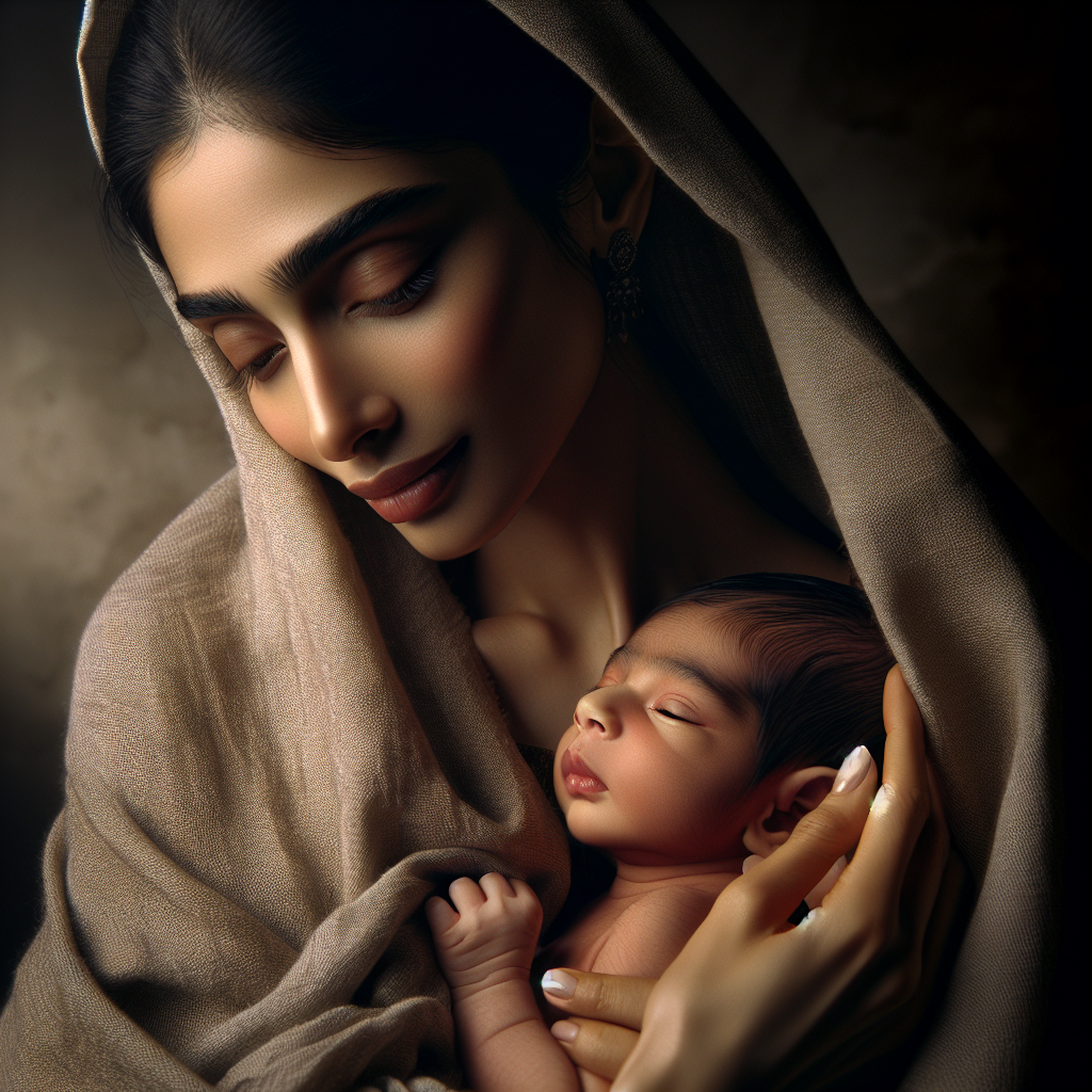 A realistic image of a mother holding her newborn baby.