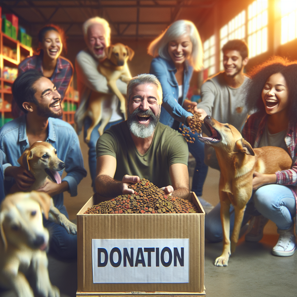 A community center with volunteers and happy dogs around a donation box filled with dog food.
