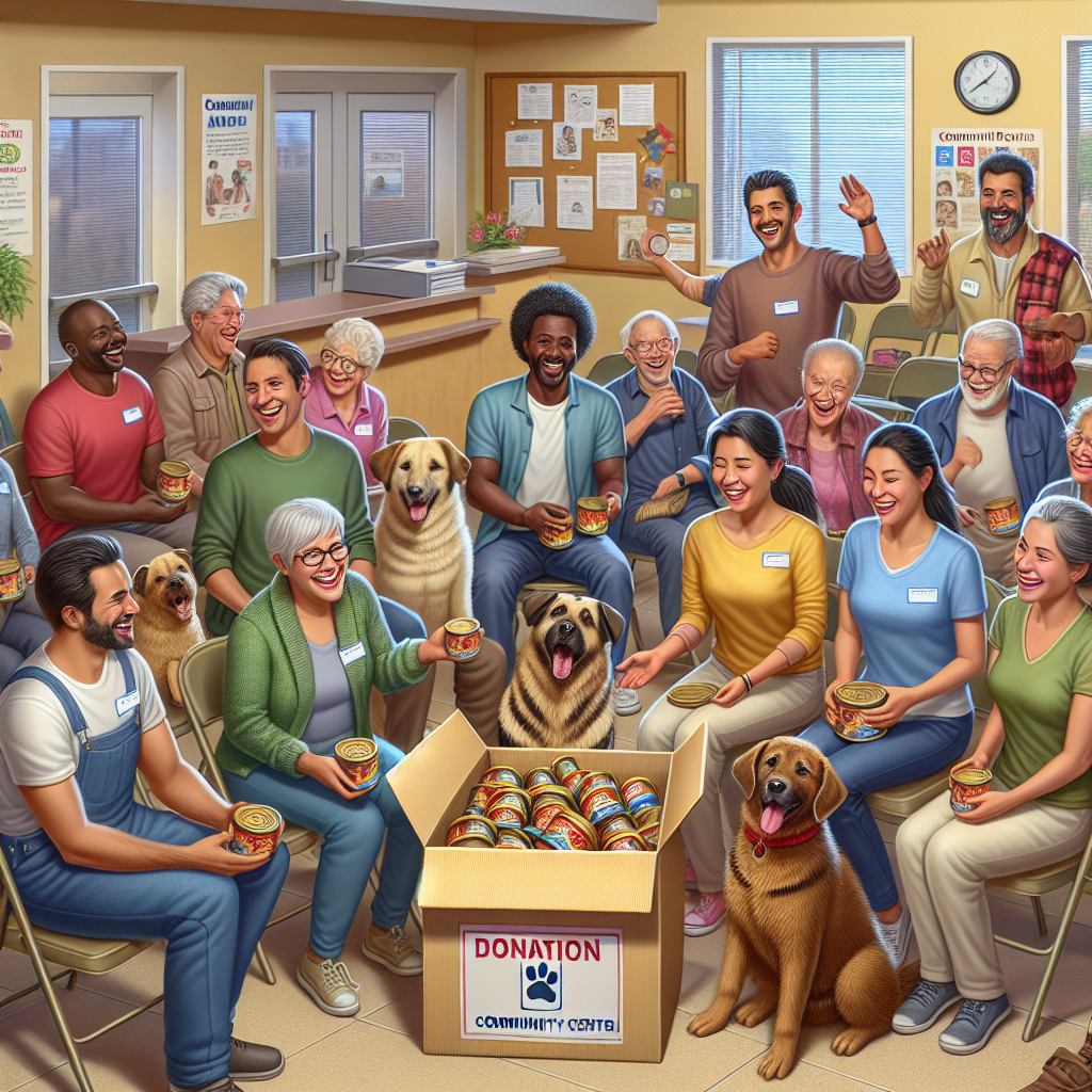 A community center with a donation box filled with dog food, surrounded by volunteers and happy dogs.
