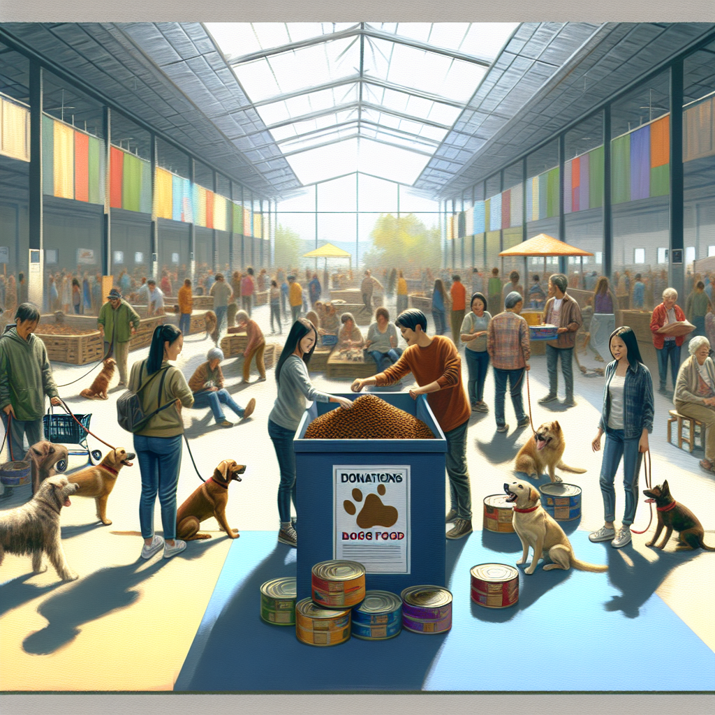 Community center with dog food donation box, volunteers, and happy dogs.