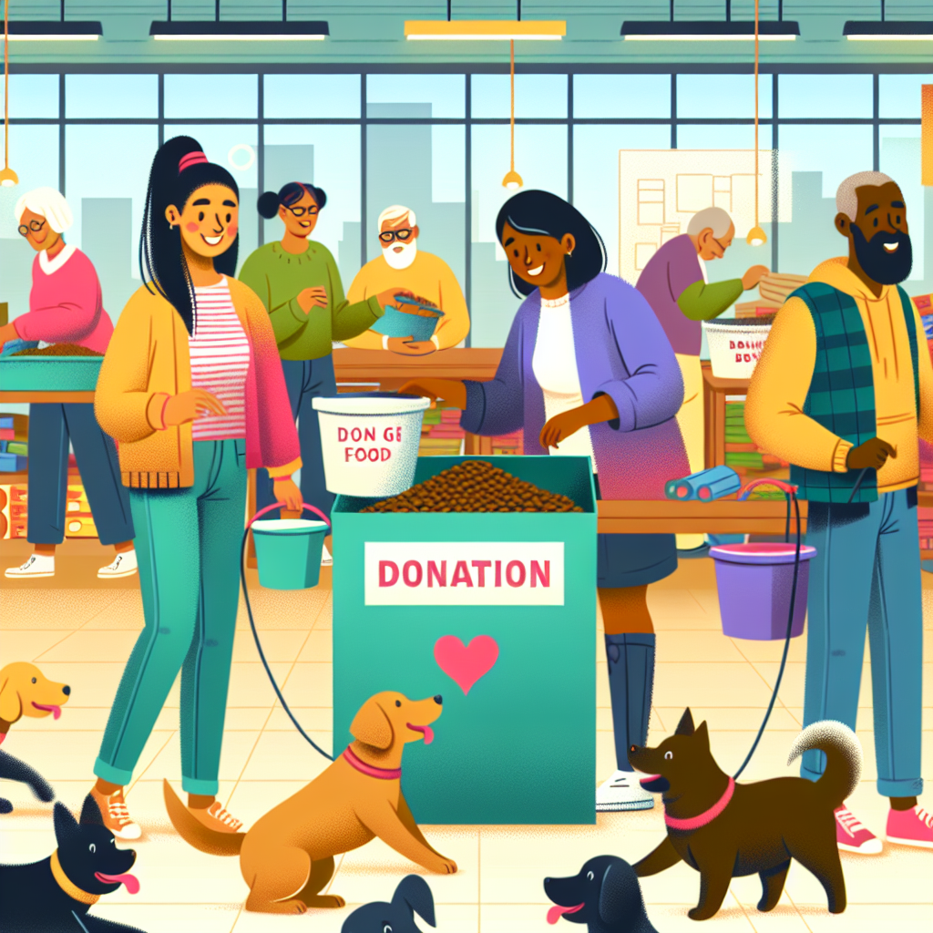 A community center with volunteers and happy dogs near a dog food donation box.