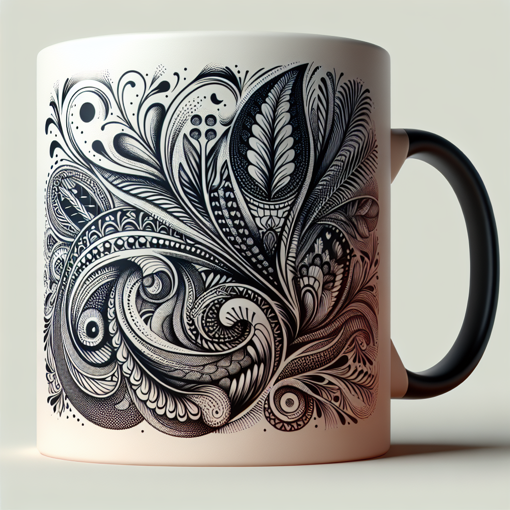 A realistically rendered mug showcasing an intricate and colorful printed design.