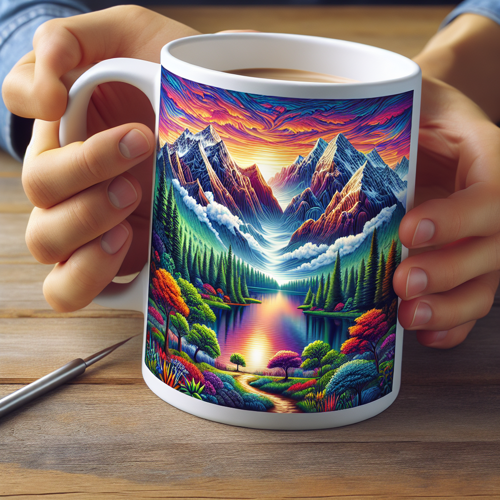 A realistic depiction of a mug printing process with a scenic landscape design.