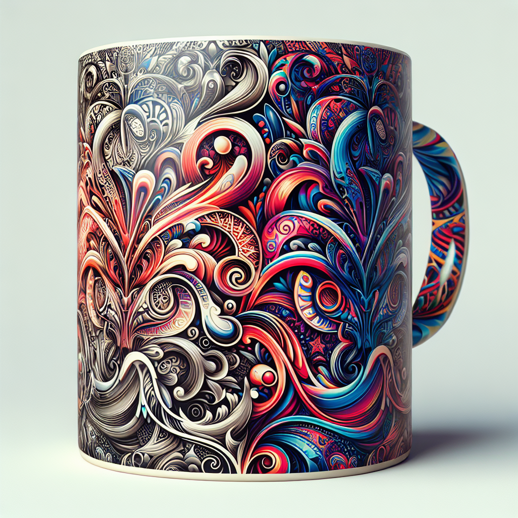A detailed realistic image of a printed mug with a colorful design.