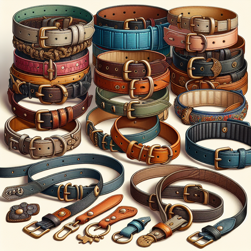 A collection of different dog collars displayed realistically.