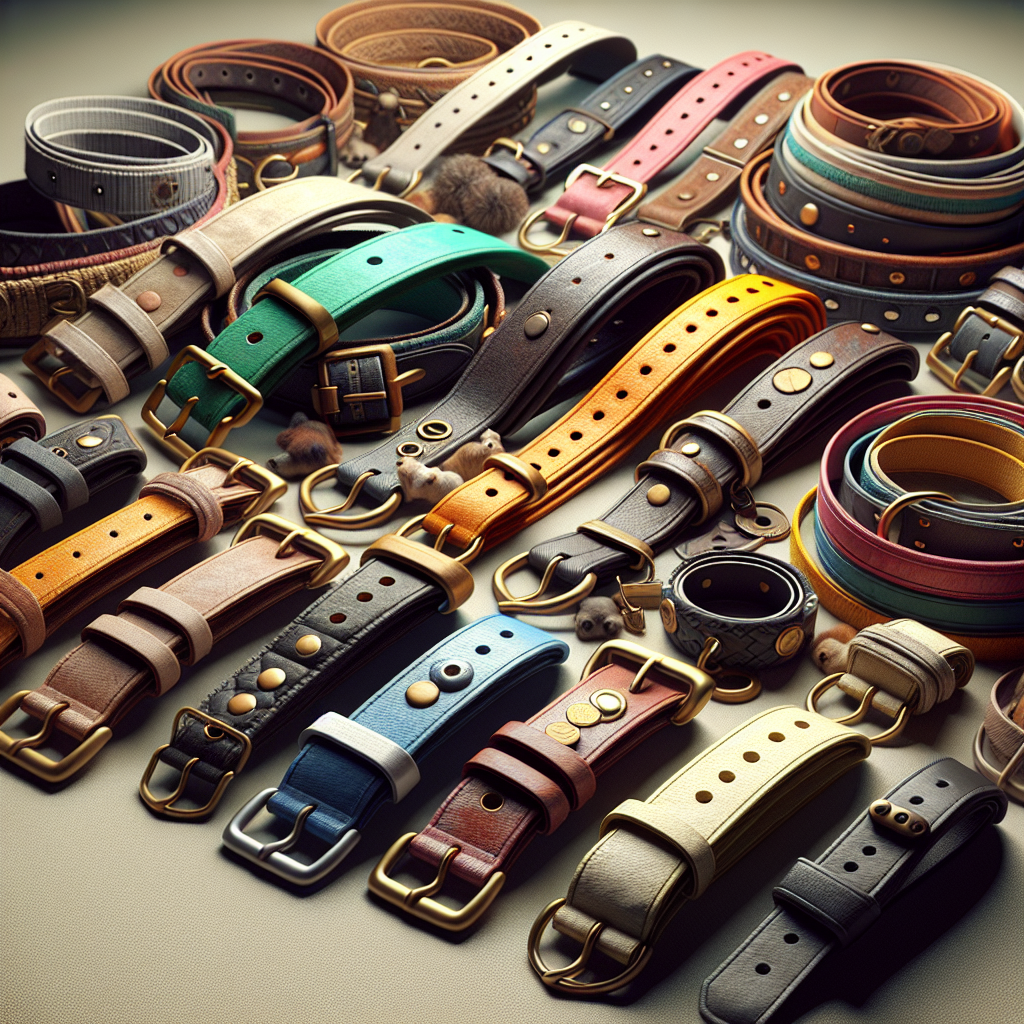 A realistic image of various detailed dog collars in different designs, colors, and materials arranged on a flat surface.