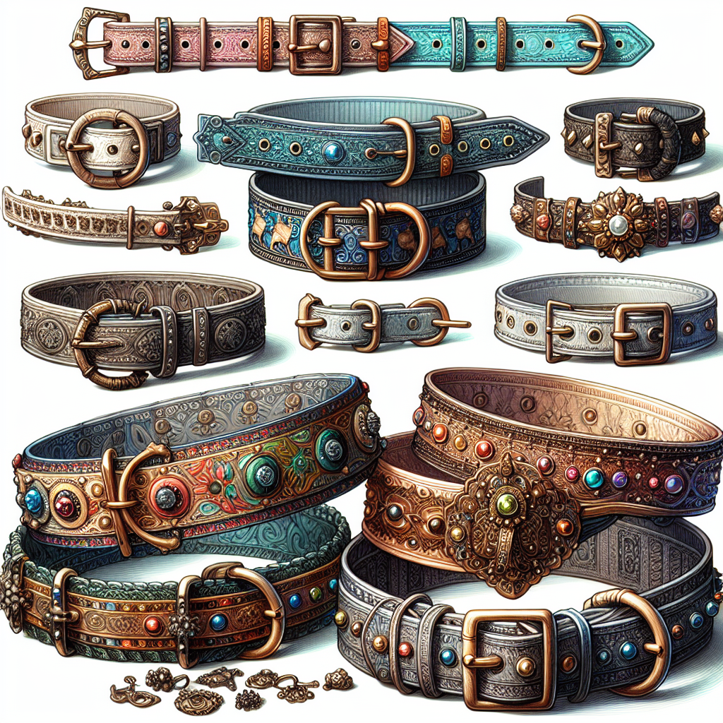 An array of realistic dog collars with various designs, colors, and materials displayed on a white background.