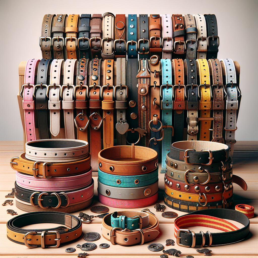 A collection of realistic dog collars in different styles and colors.