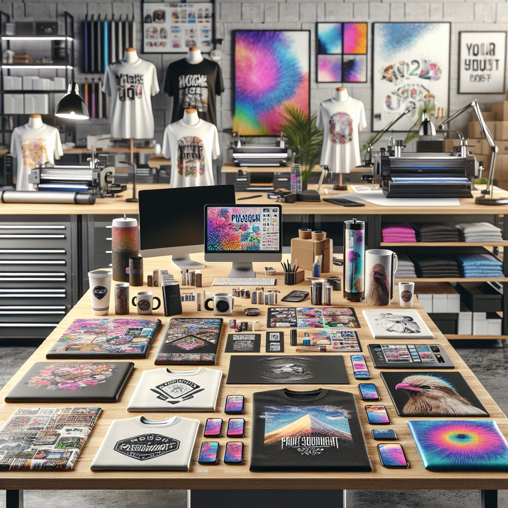 A modern print-on-demand workspace with various custom products on display.