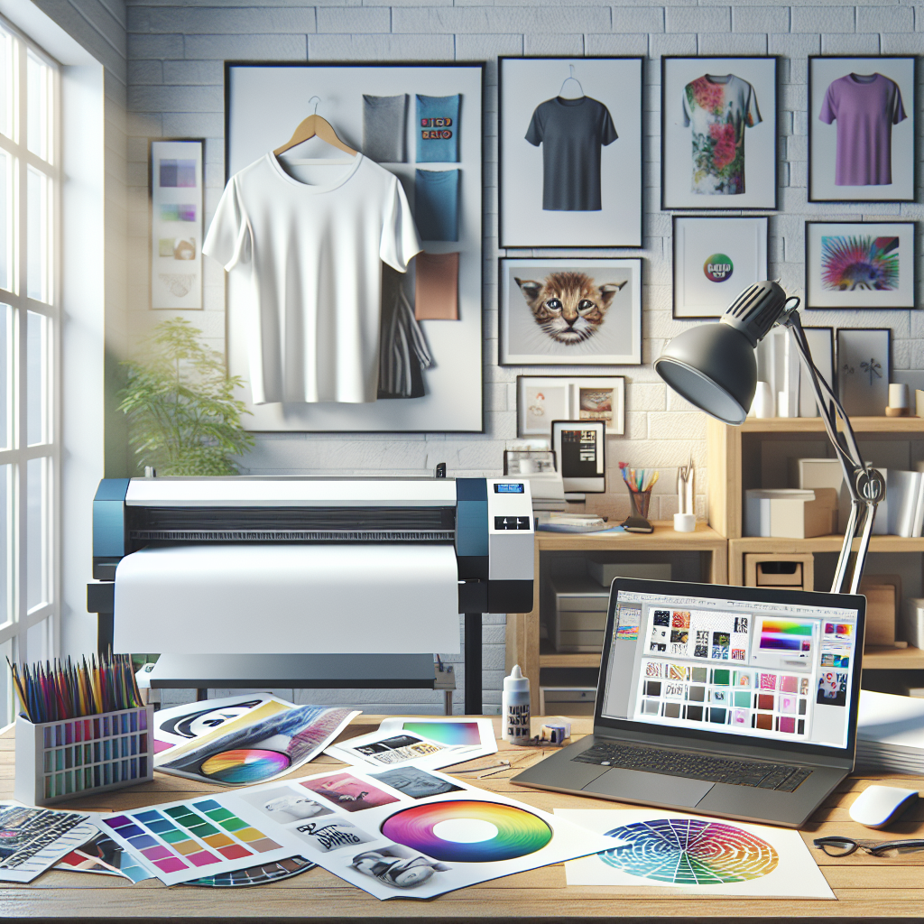 A realistic image of a modern print-on-demand workspace with a laptop, printer, and finished products.