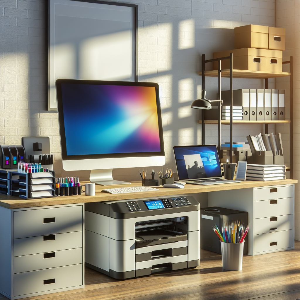 A printer on a desk with printing equipment and a computer, reflecting a modern and organized workspace.