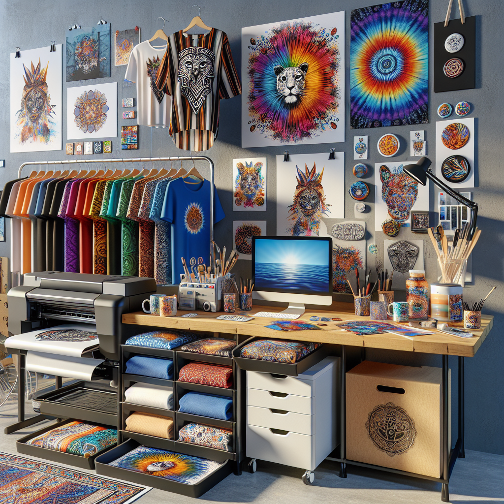 A realistic depiction of a print-on-demand workspace featuring vibrant apparel and custom-printed items.