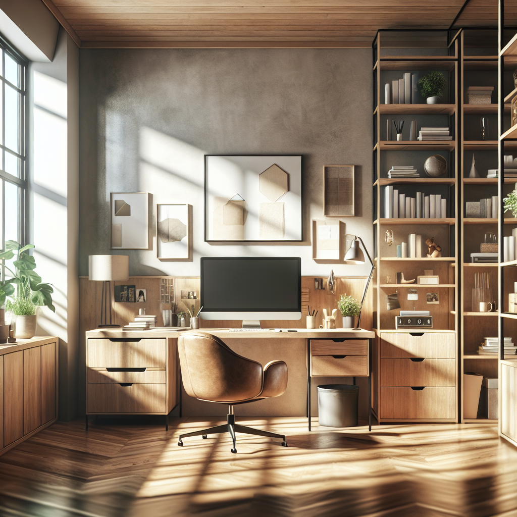 A cozy home office with a clean desk setup, modern monitor, and shelves filled with books. Natural sunlight and green plants enhance the scene.