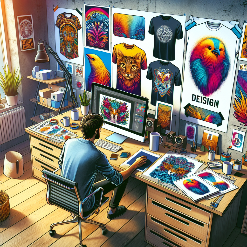A designer working on print-on-demand products in a stylish home office.