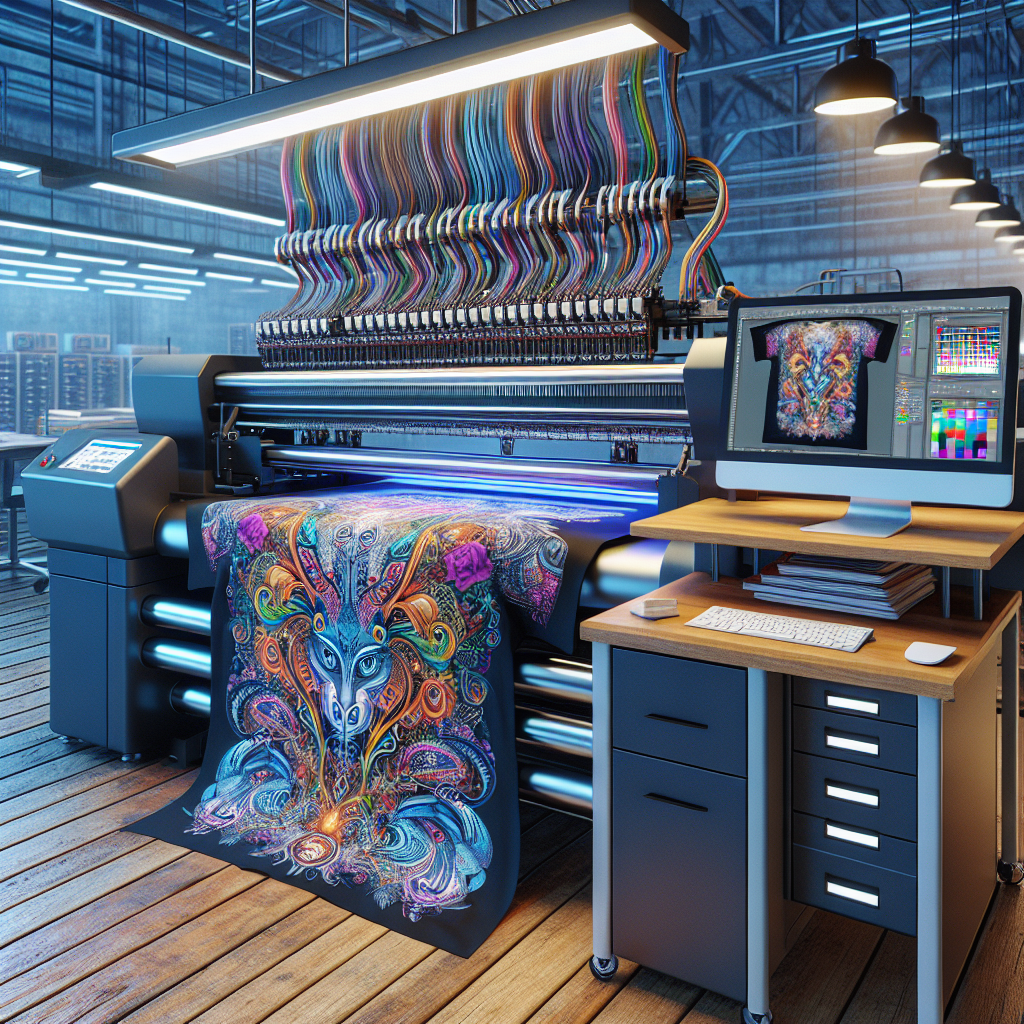 Realistic image of print on demand setup with digital printer and designing software.