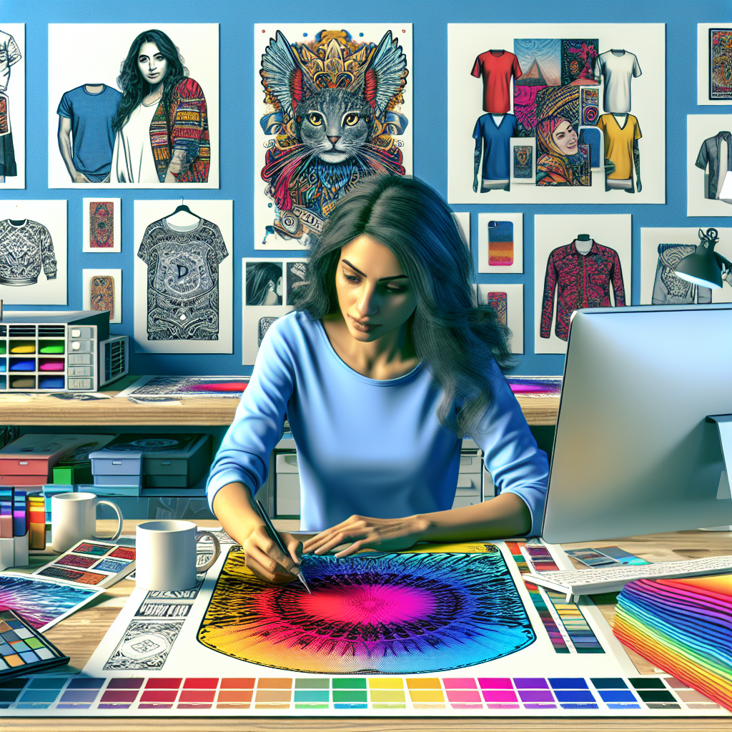 Realistic image of a person designing a t-shirt on a computer, with various printed items like mugs, posters, and phone cases in the background.