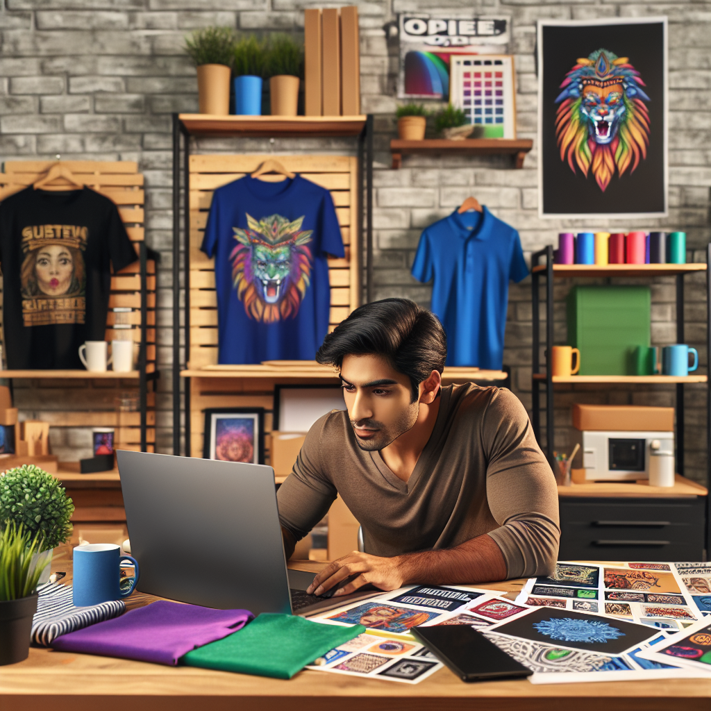 Person in a home office working on print-on-demand items like t-shirts, mugs, and posters.