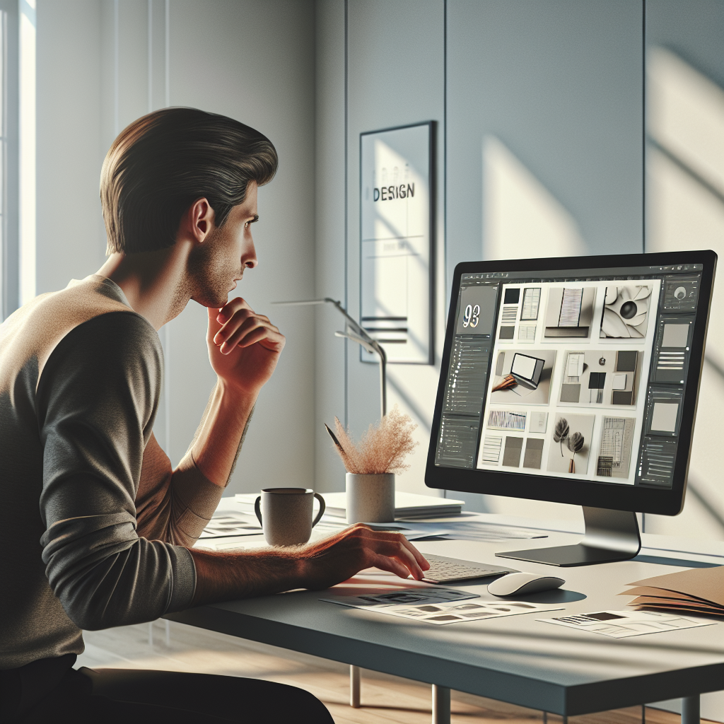 A realistic modern workspace featuring a professional reviewing design mockups, sleek laptop, coffee cup, and paper designs, set in a stylish office with natural lighting.