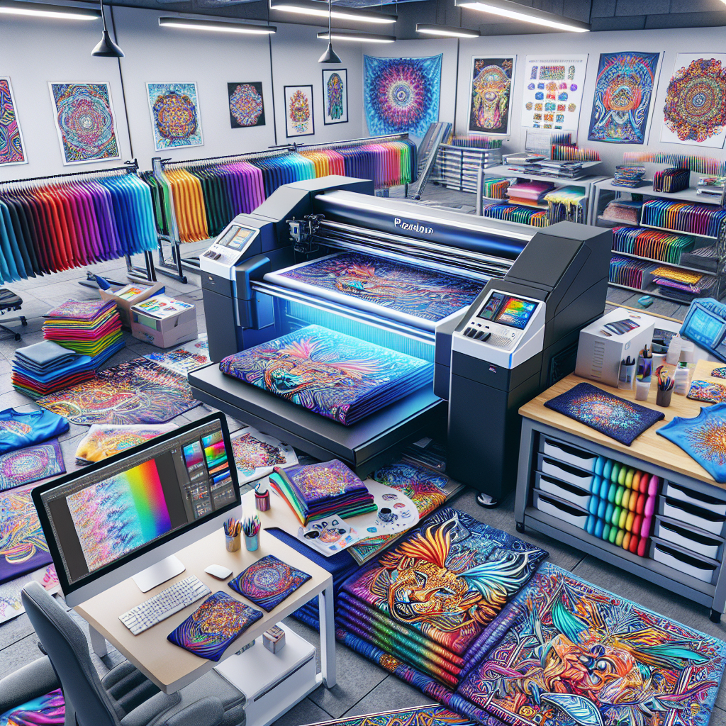 An intricately detailed and realistic depiction of a print-on-demand workspace with apparel and a high-resolution printer.