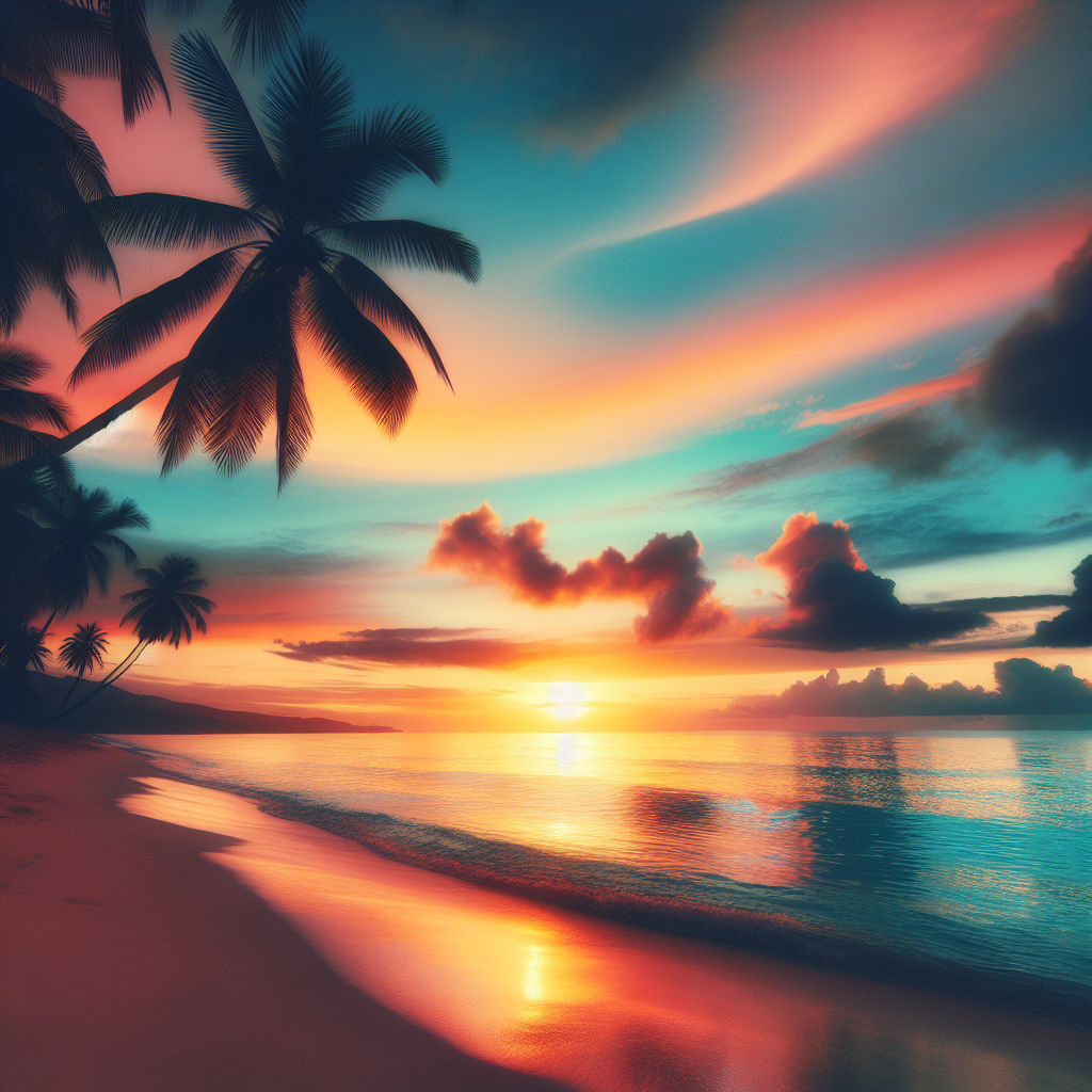 A serene Caribbean beach at sunset with silhouetted palm trees and calm turquoise waters reflecting the pastel-colored sky.