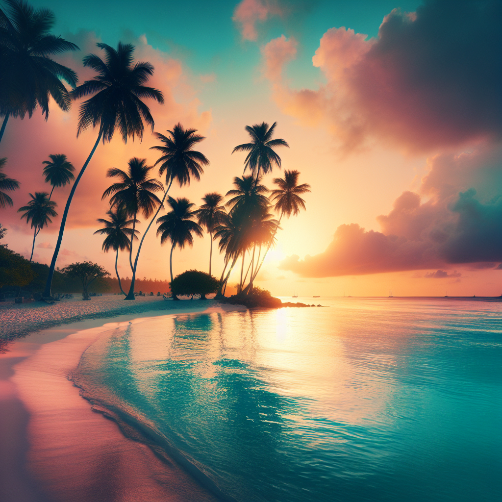 A photorealistic image of a Caribbean beach at sunset with palm tree silhouettes and a pastel sky.