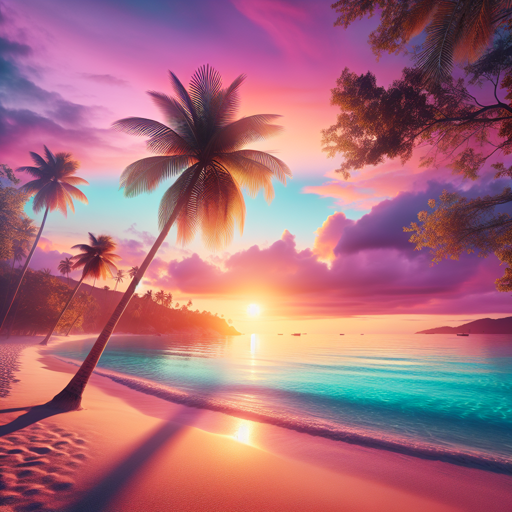 Silhouettes of palm trees on a Caribbean beach at sunset with pastel sky and turquoise waters.