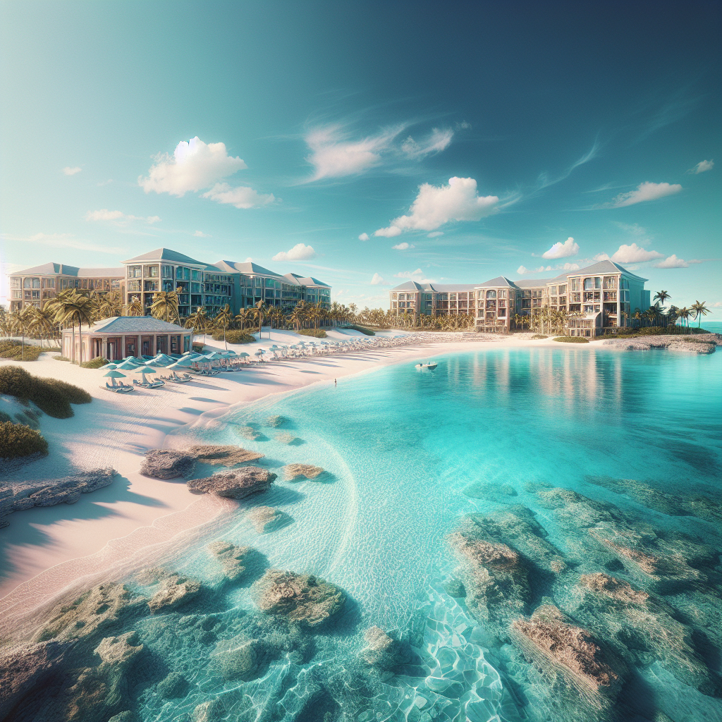Hyper-realistic image of a Bahamas beach resort with clear blue sky, sandy beaches, turquoise sea, and detailed architecture surrounded by palm trees.