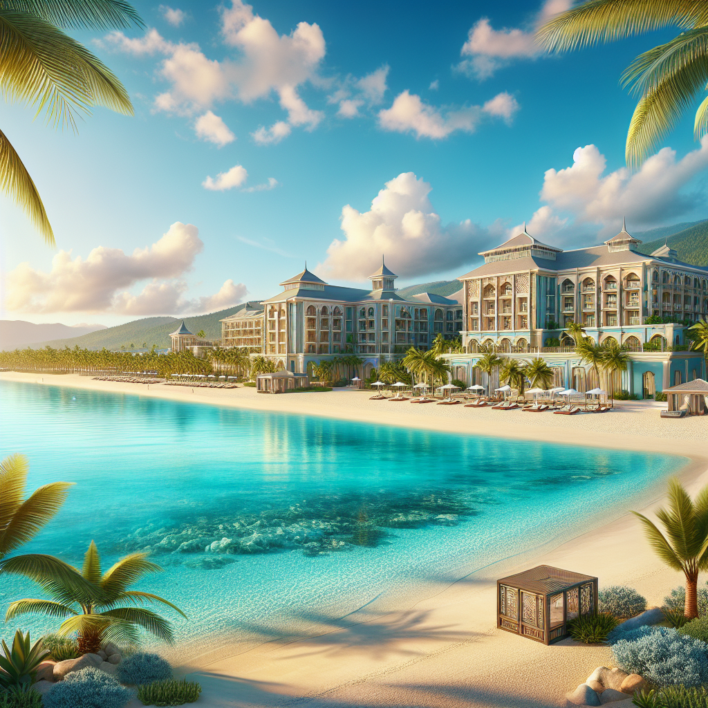 A realistic image of a Bahamas beach resort with a clear sky, pristine sandy beach, calm turquoise water, and a vibrant, luxurious setting.