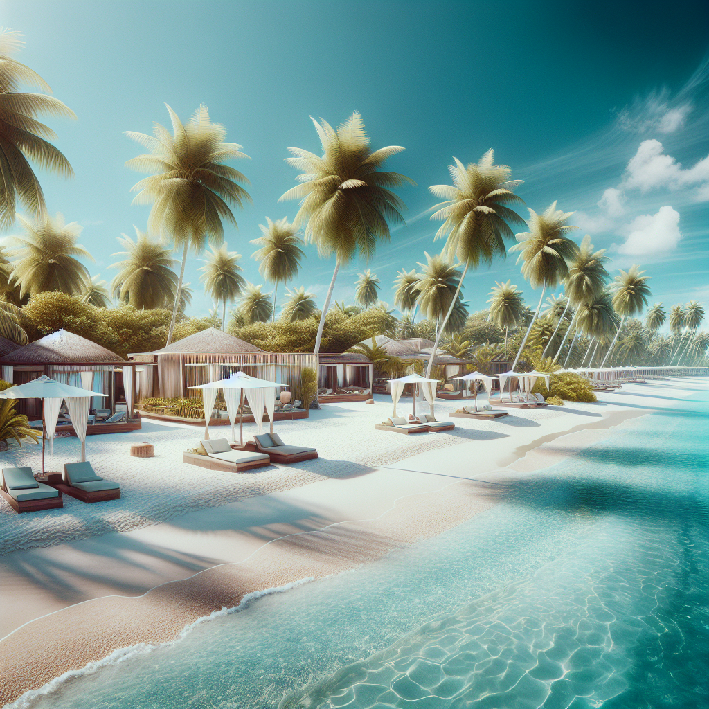 A luxurious and realistic tropical beach resort with clear blue skies, palm trees, white sandy beaches, and crystal-clear turquoise waters.