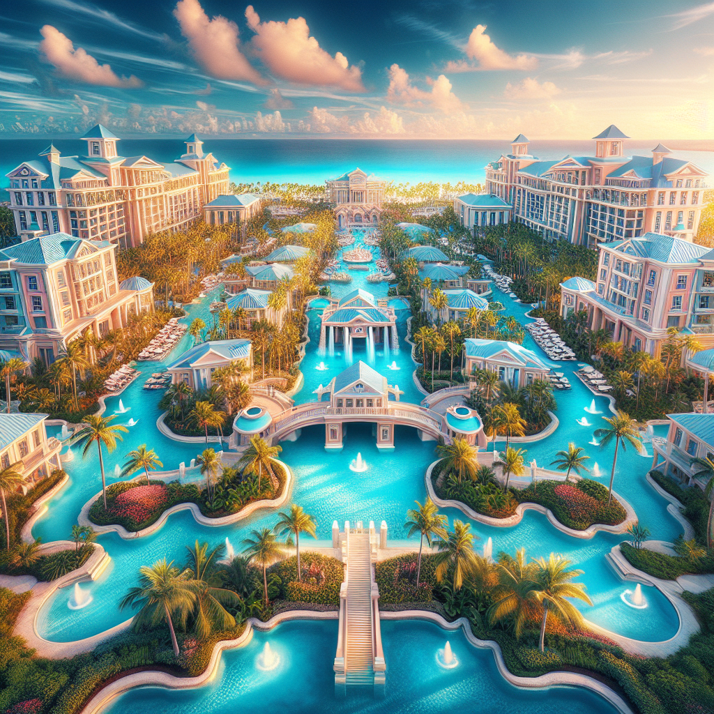 An image depicting the realistic recreation of the Atlantis Bahamas Resort, capturing its grand architecture, tropical landscaping, and leisure atmosphere.