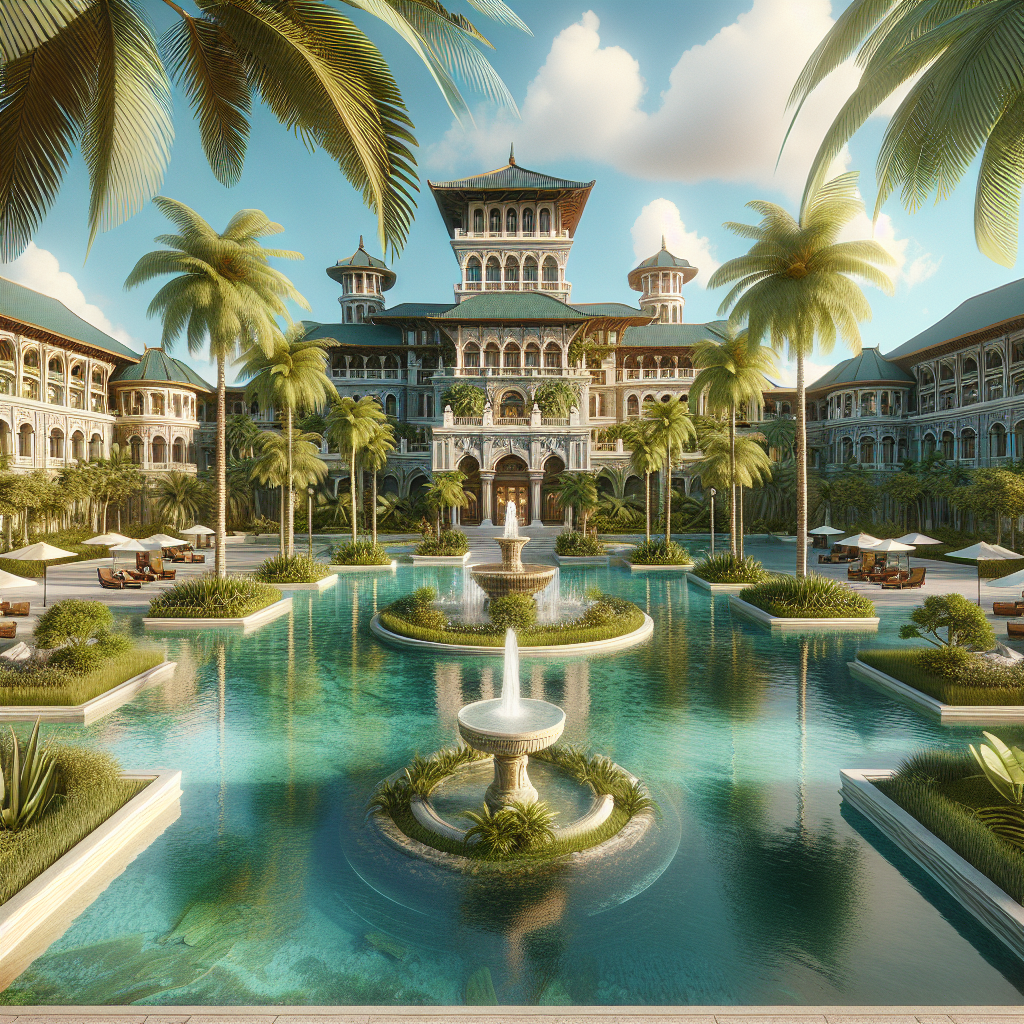 Realistic image of the Atlantis Bahamas Resort with detailed architecture and tropical surroundings under clear blue skies.