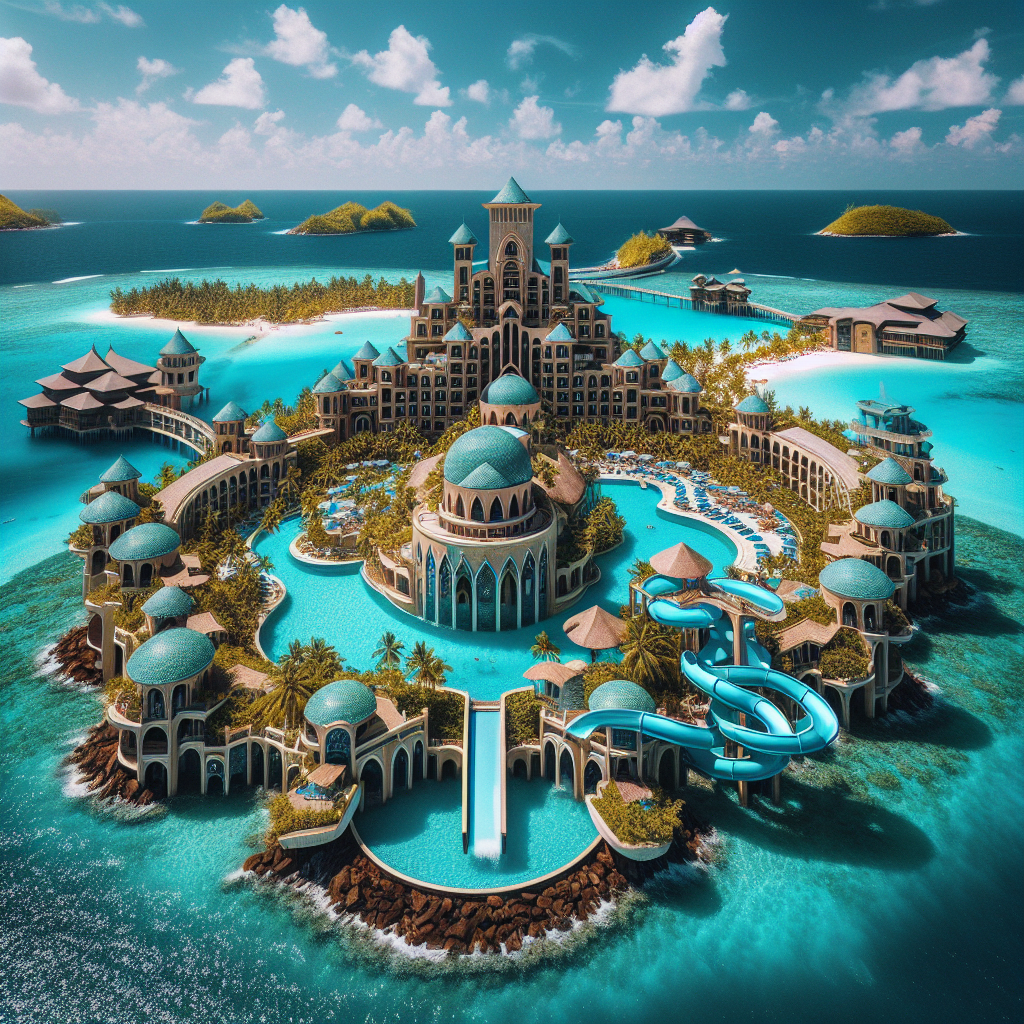 The Atlantis Resort in the Bahamas with its iconic architecture and surrounding aquamarine waters.