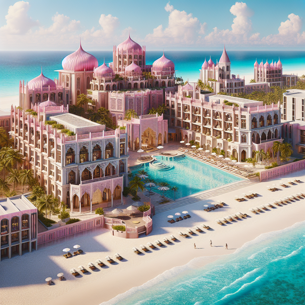 Realistic image of the Atlantis Bahamas Resort with clear blue skies, white sandy beaches, and the pink resort buildings surrounded by tropical landscaping.