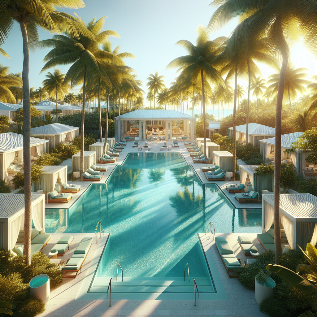 A realistic depiction of a luxury resort in the Bahamas with a private pool area.