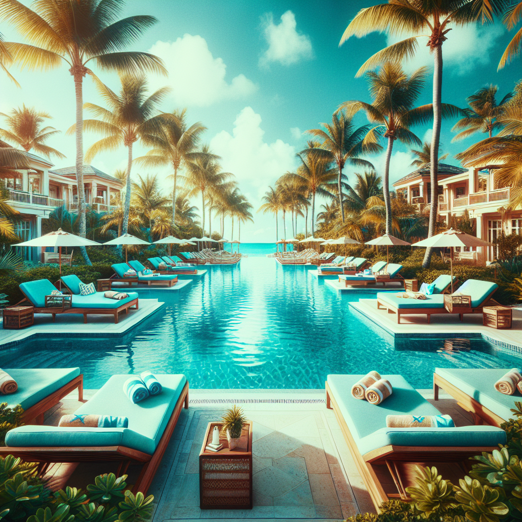 Luxury resort with a private pool in the Bahamas, with surrounding tropical greenery and clear skies.