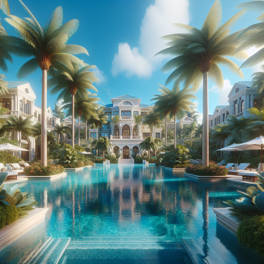A realistic image of a luxury resort in the Bahamas with a private pool and tropical surroundings.