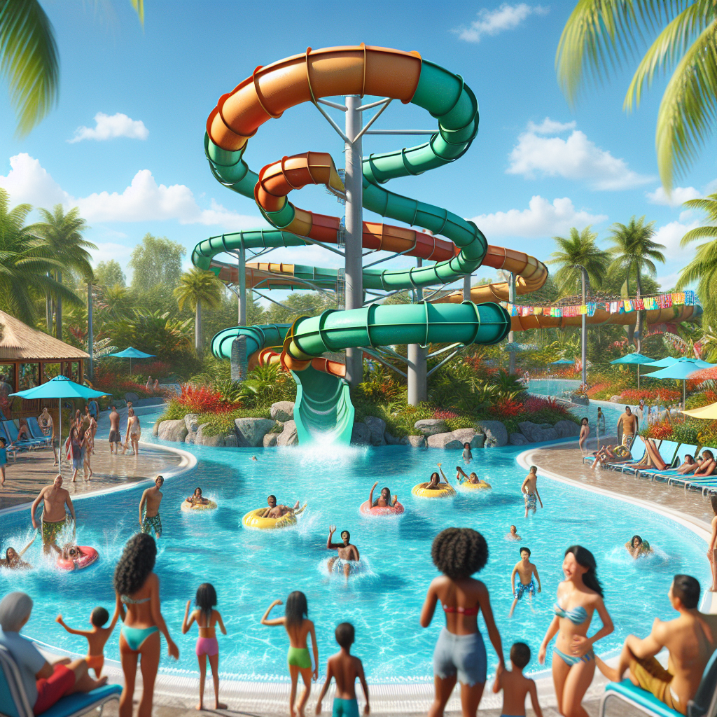 An artistic representation of the water slides in the Bahamas, featuring realistic tropical scenery and people enjoying the water park.