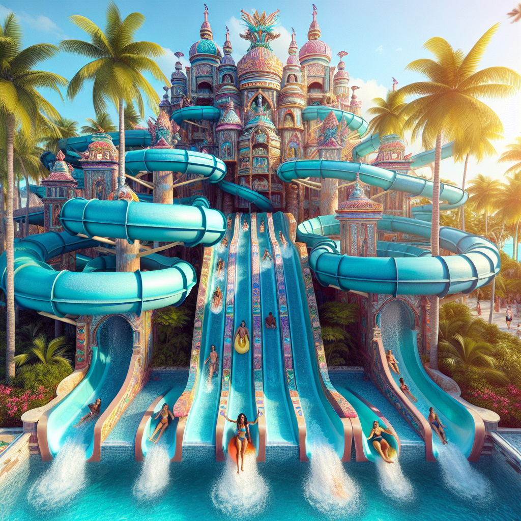 Water slides in the Bahamas surrounded by palm trees, conveying a sense of tropical leisure and adventure on a sunny day.