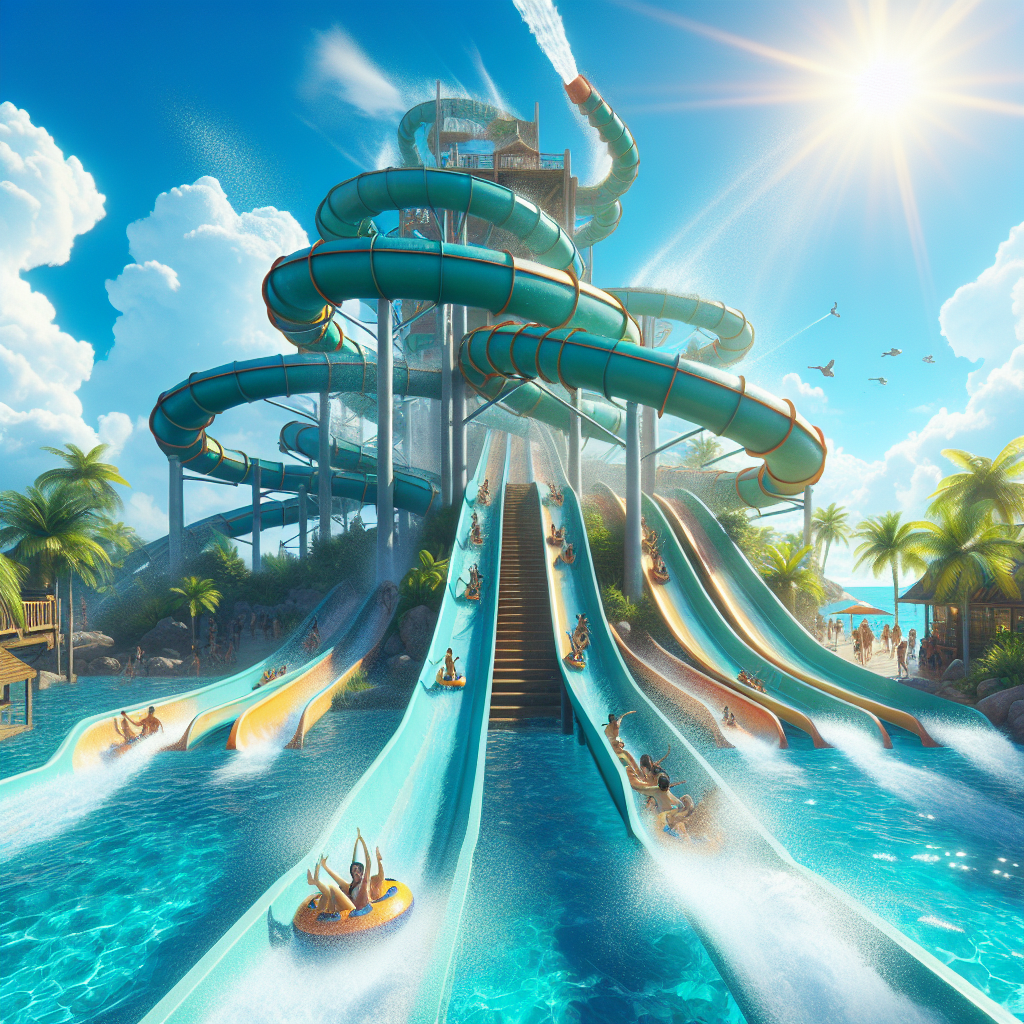 Realistic recreation of Bahamas water slides from a photograph with a vibrant water park atmosphere.