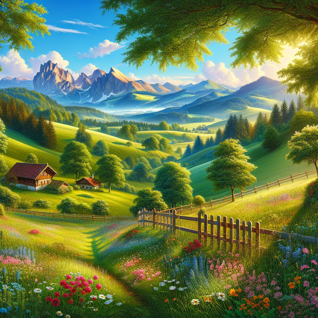 European summer landscape with green fields, mountains, and blue skies.