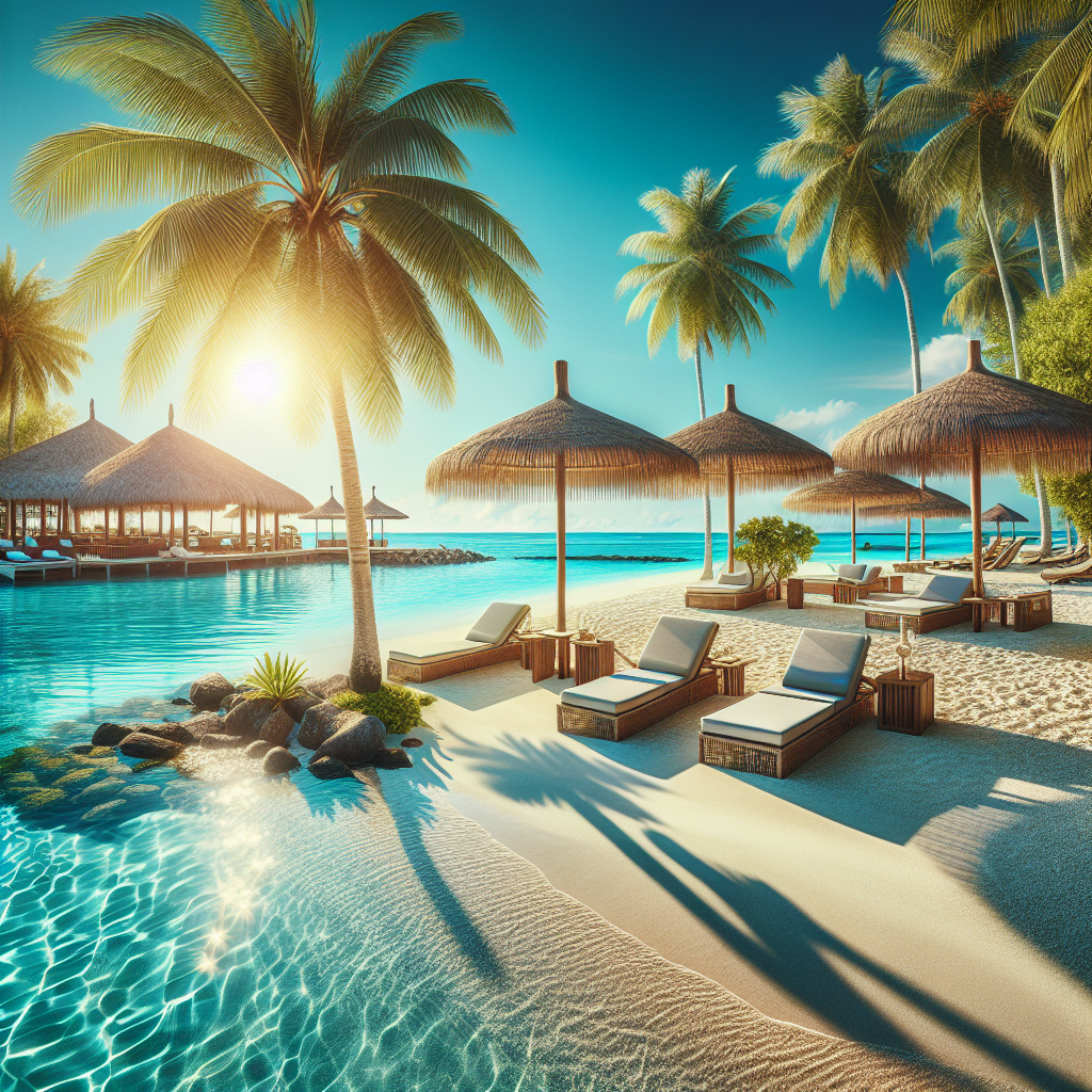 A luxurious tropical beach resort with clear skies, white sandy beaches, palm trees, loungers, and turquoise waters, resembling the resort in the provided URL.