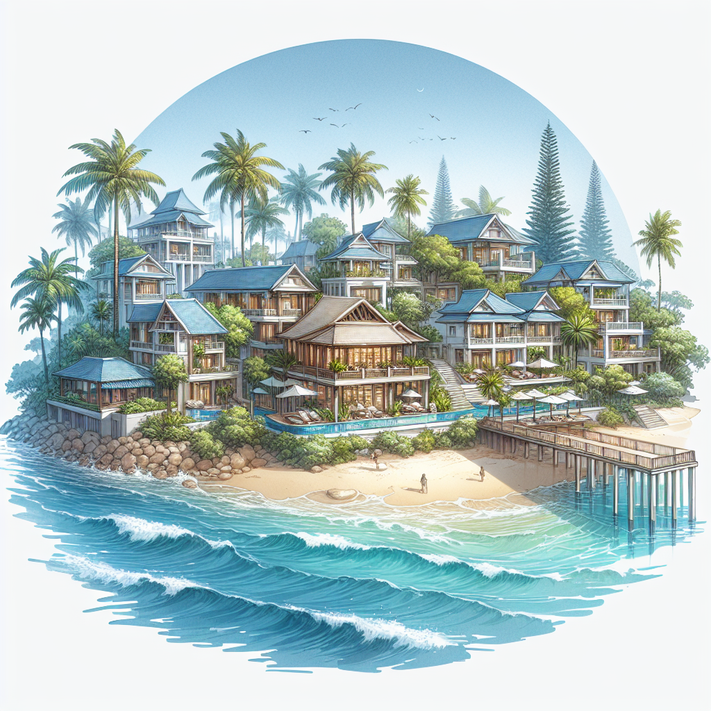 A realistic, serene image of a coastal resort reminiscent of the tropical paradise seen in the reference photo.