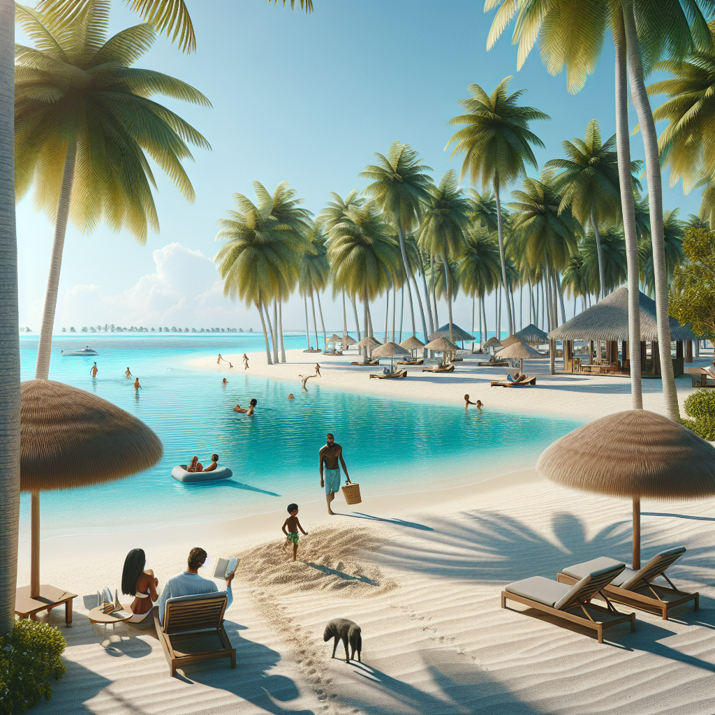 Serene tropical beach resort scene with ocean, sandy beach, and palm trees.