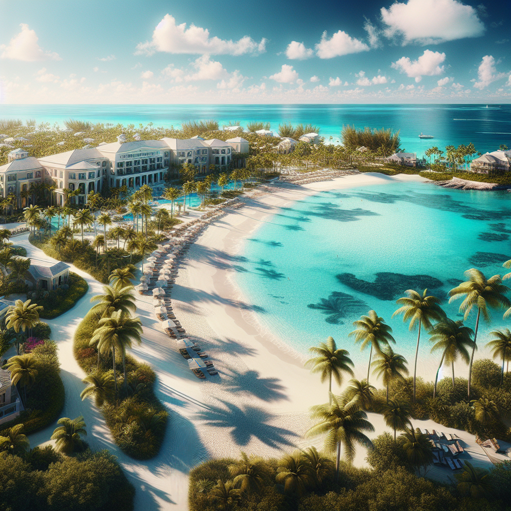 A realistic image of a luxury resort in Nassau, Bahamas, with clear turquoise sea, sandy beach, tropical landscape, and elegant Caribbean resort architecture.