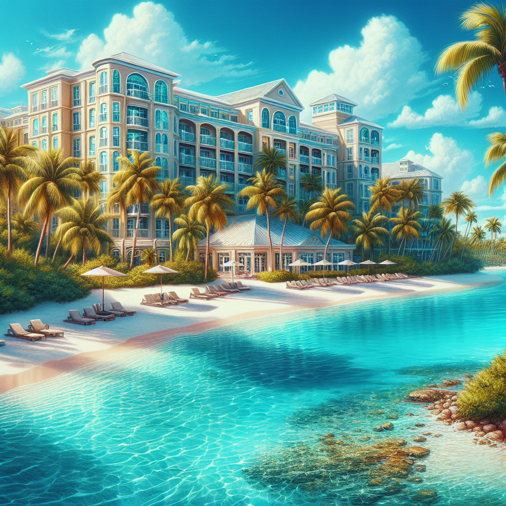A realistic image of a tropical resort in Nassau, Bahamas, with white sandy beach, turquoise waters, resort buildings, and palm trees.