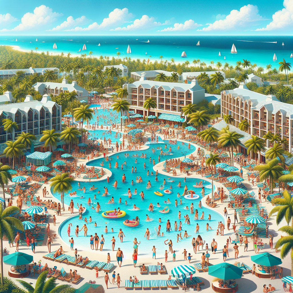 A lively scene at a family resort in the Bahamas with guests enjoying diverse activities.